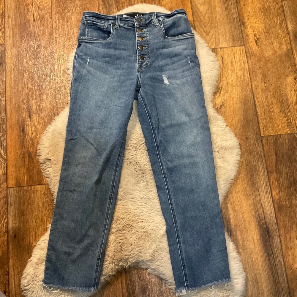Kut From The Kloth Size 8 Denim Jeans Button Front Raw Hem Medium Blue Raw Hem